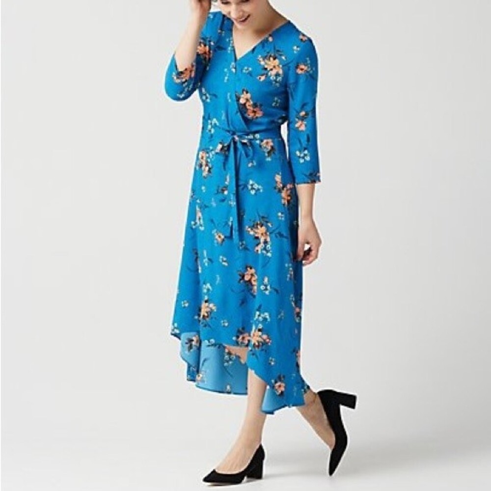 Laurie Felt Hi-Low Hem Midi Wrap Dress Blue Floral 3/4 Sleeve Women’s Size 2X